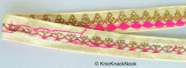 Beige Fabric Trim With Gold And Fuchsia Pink / Royal Blue Embroidery, Kundan Work Embellishments - 200317L144 / 145